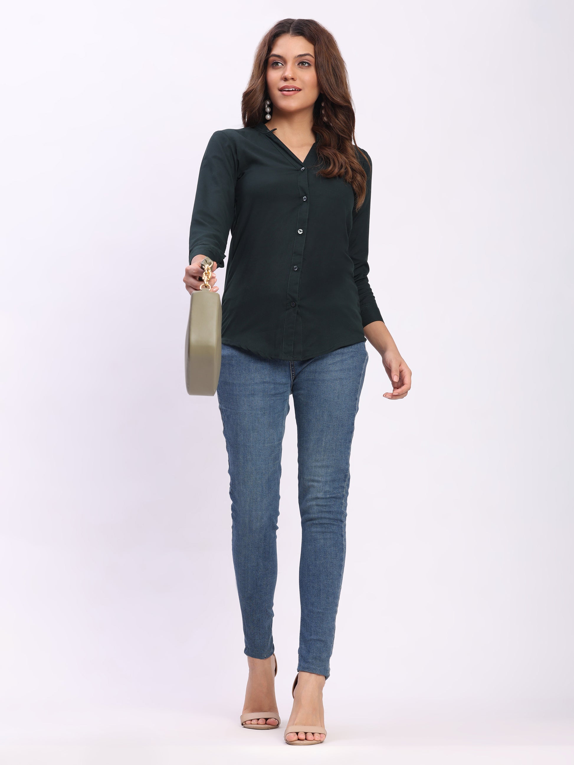 Trendrush Women Solid Dark Green Mandarin Collar Shirt with 3/4th Cuffed Sleeves