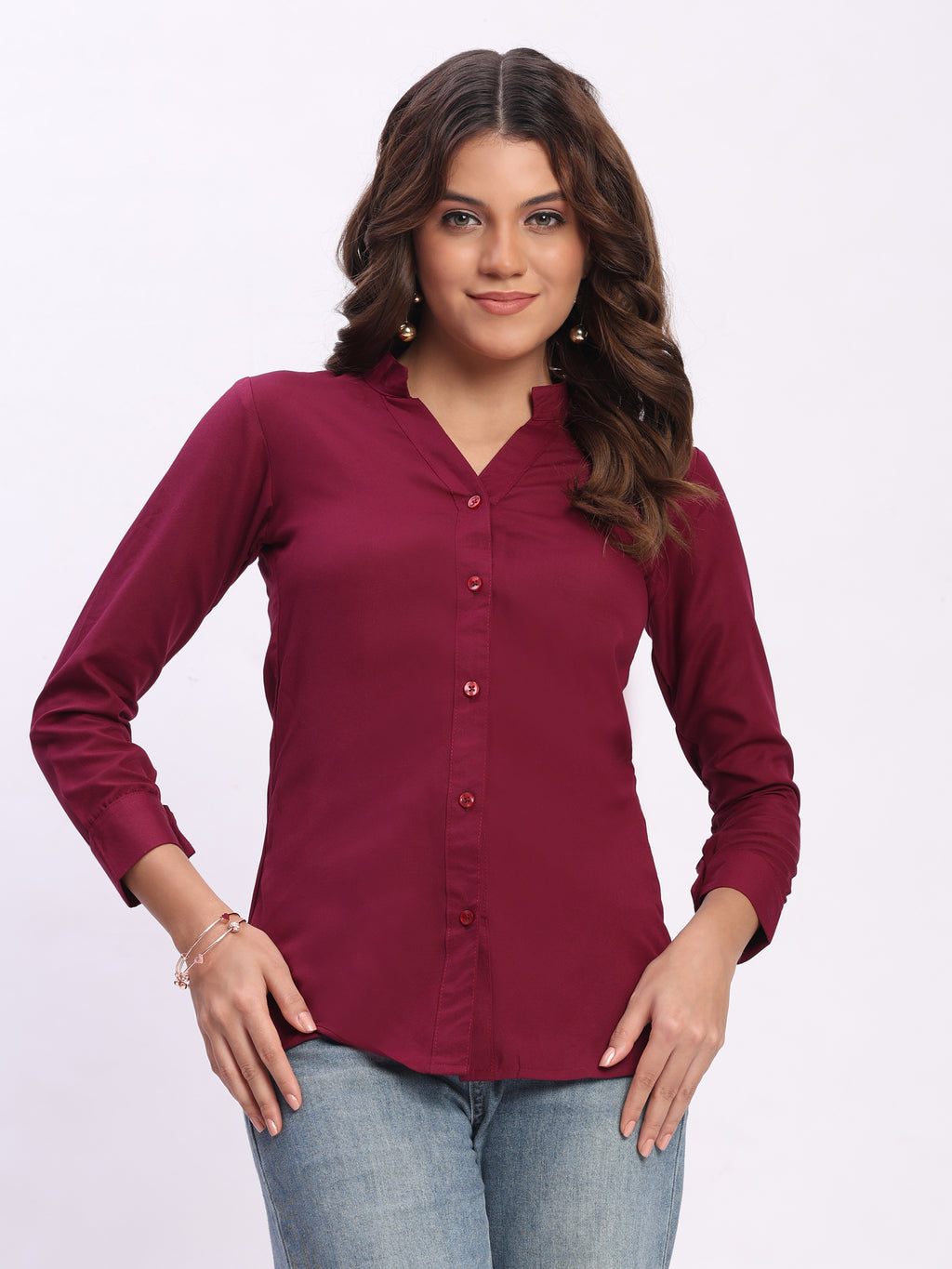 Trendrush Women Solid Maroon Mandarin Collar Shirt with 3/4th Cuffed Sleeves