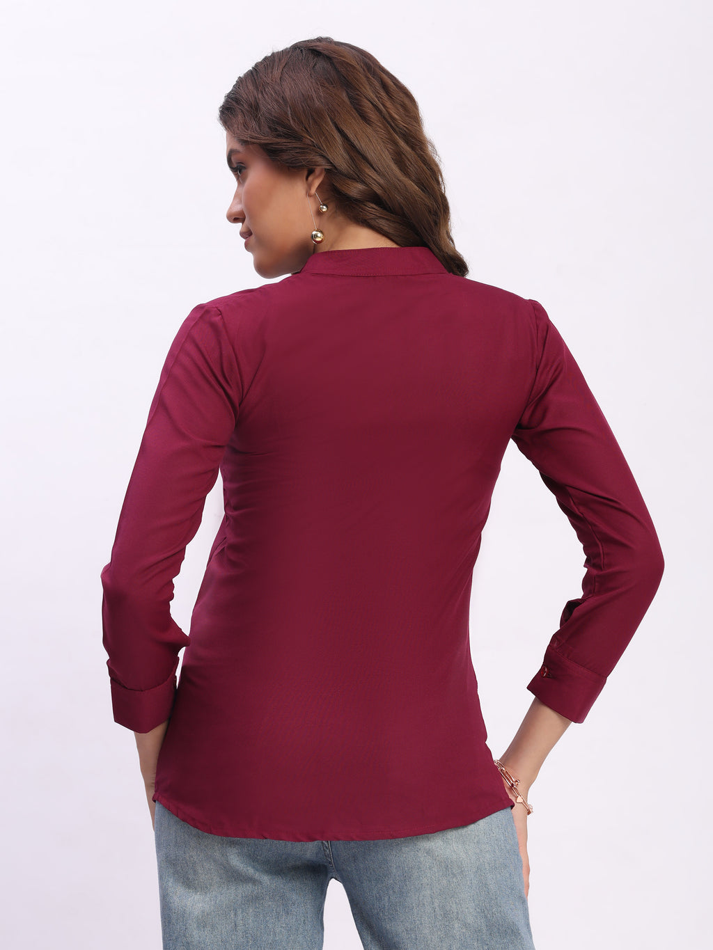 Trendrush Women Solid Maroon Mandarin Collar Shirt with 3/4th Cuffed Sleeves