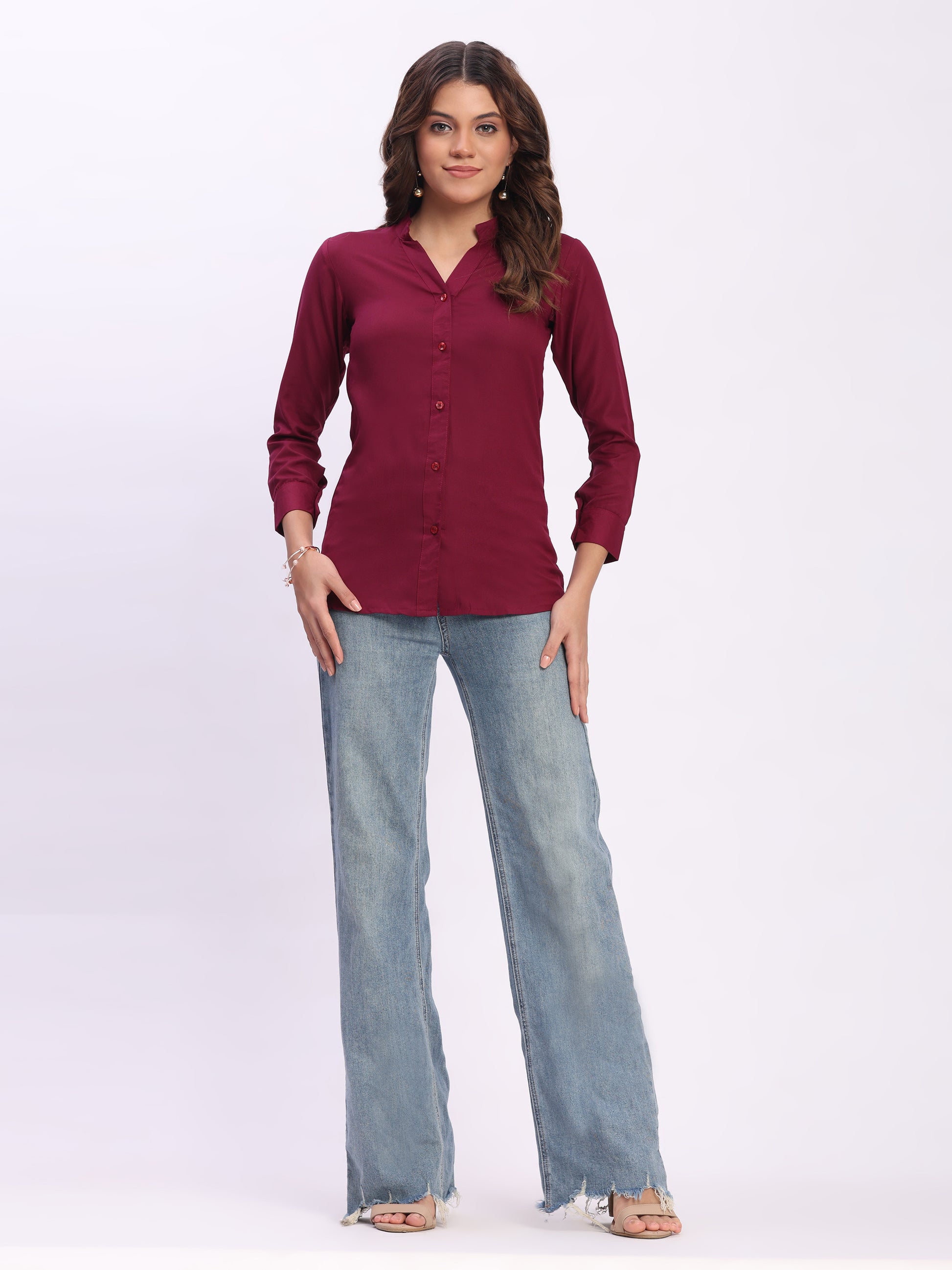 Trendrush Women Solid Maroon Mandarin Collar Shirt with 3/4th Cuffed Sleeves