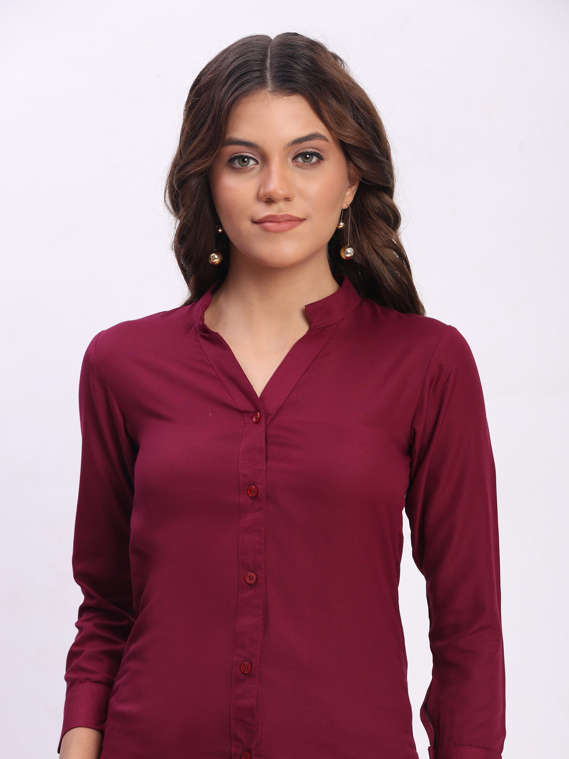 Trendrush Women Solid Maroon Mandarin Collar Shirt with 3/4th Cuffed Sleeves