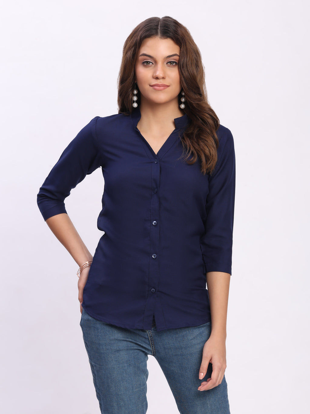 Trendrush Women Solid Blue Mandarin Collar Shirt with 3/4th Sleeves