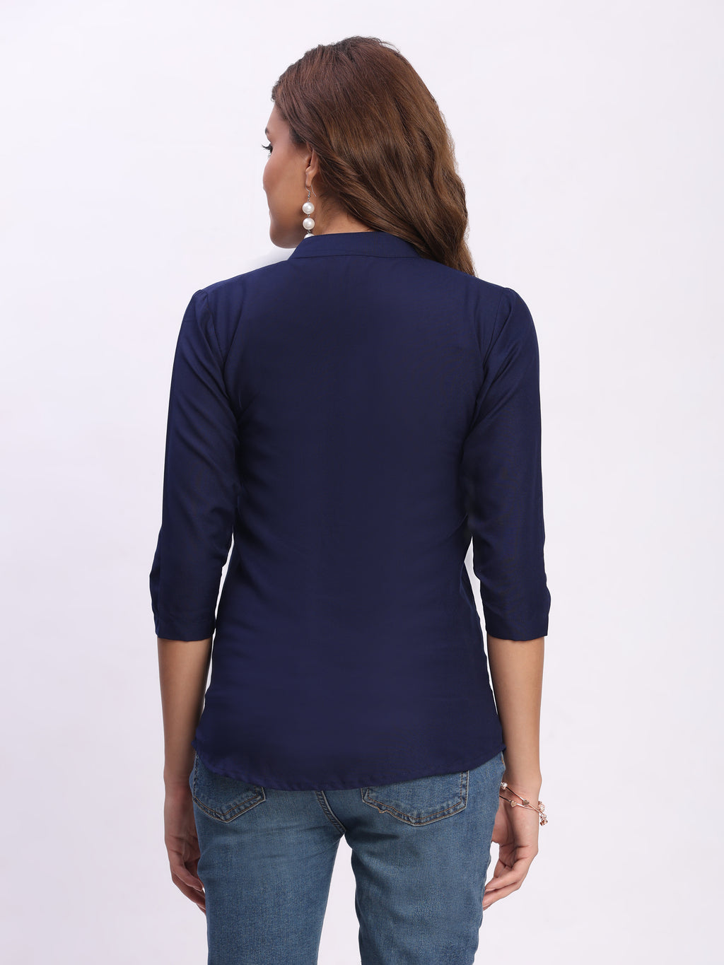 Trendrush Women Solid Blue Mandarin Collar Shirt with 3/4th Sleeves