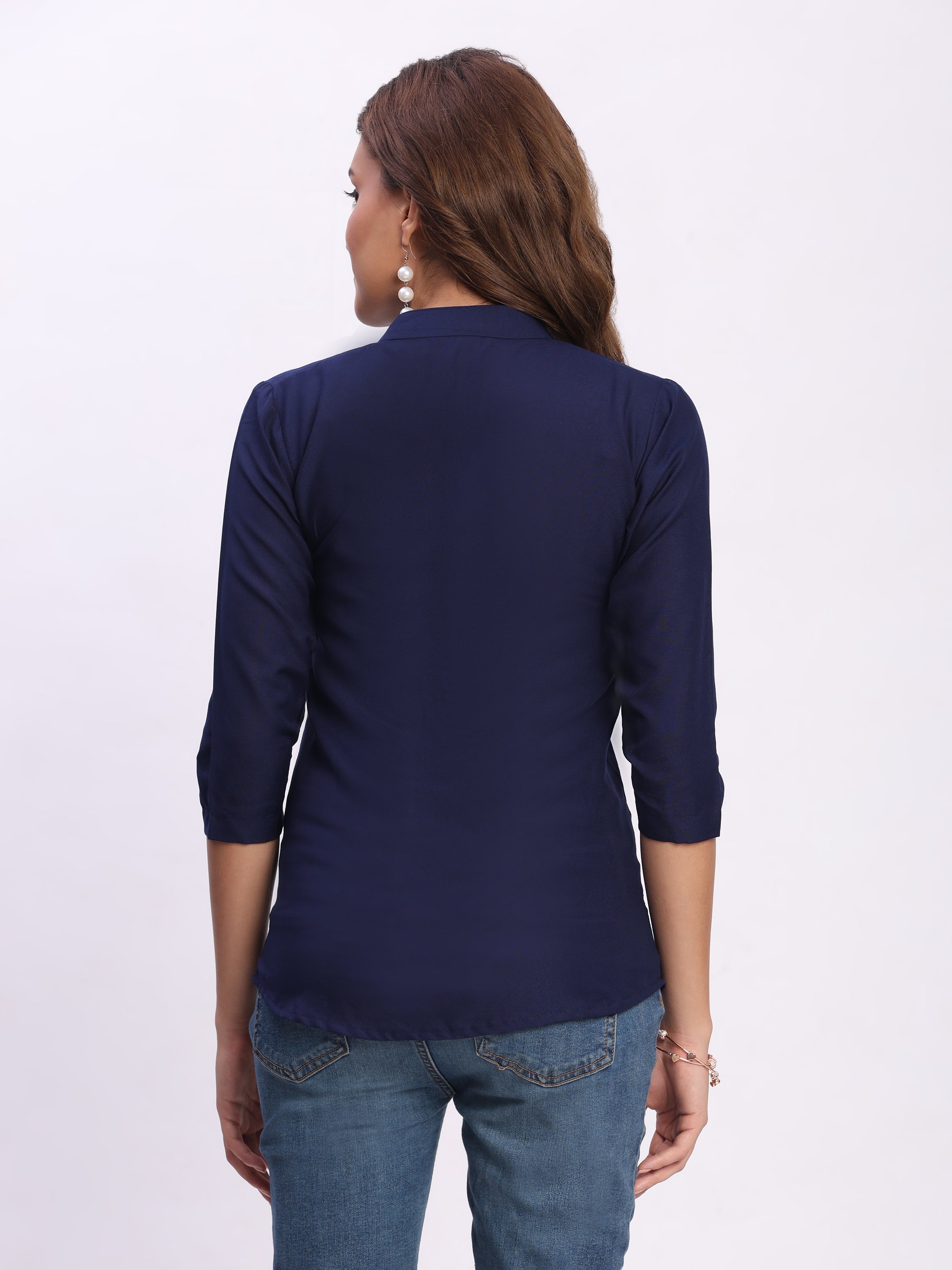 Trendrush Women Solid Blue Mandarin Collar Shirt with 3/4th Sleeves