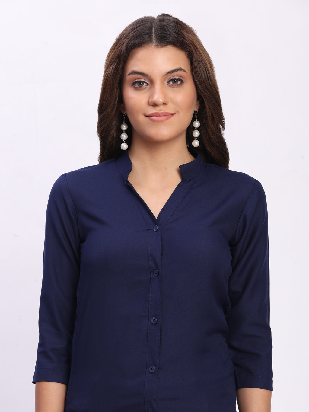 Trendrush Women Solid Blue Mandarin Collar Shirt with 3/4th Sleeves