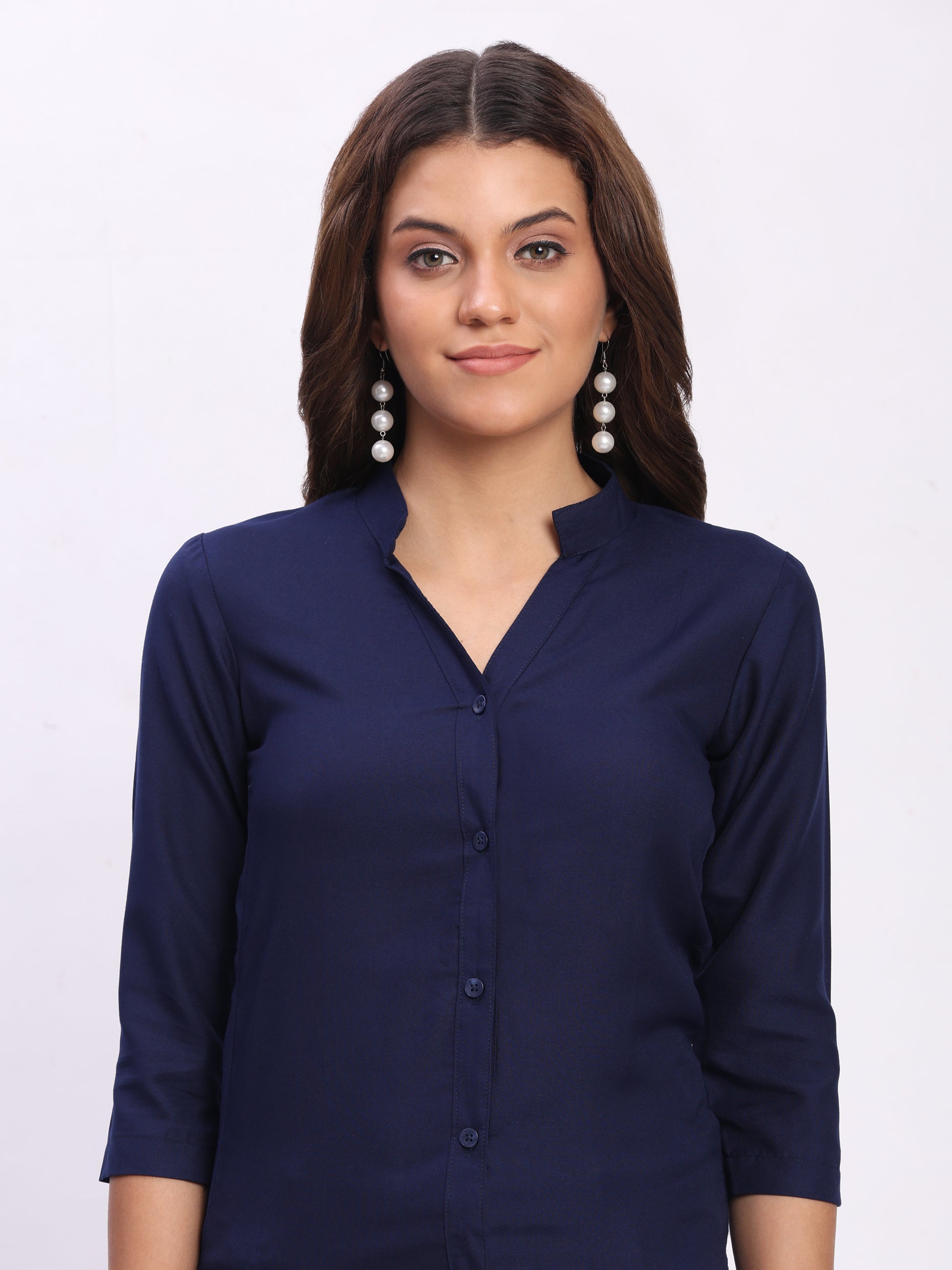 Trendrush Women Solid Blue Mandarin Collar Shirt with 3/4th Sleeves