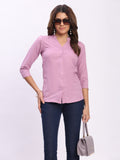 Trendrush Women Solid Pink Mandarin Collar Shirt with 3/4th Sleeves