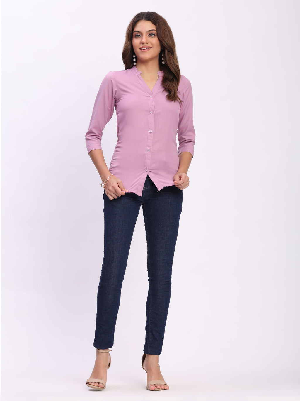 Trendrush Women Solid Pink Mandarin Collar Shirt with 3/4th Sleeves