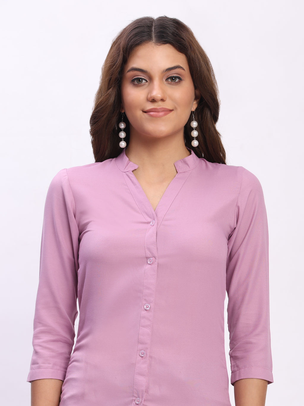 Trendrush Women Solid Pink Mandarin Collar Shirt with 3/4th Sleeves