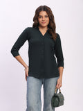 Trendrush Women Solid Dark Green Mandarin Collar Shirt with 3/4th Sleeves