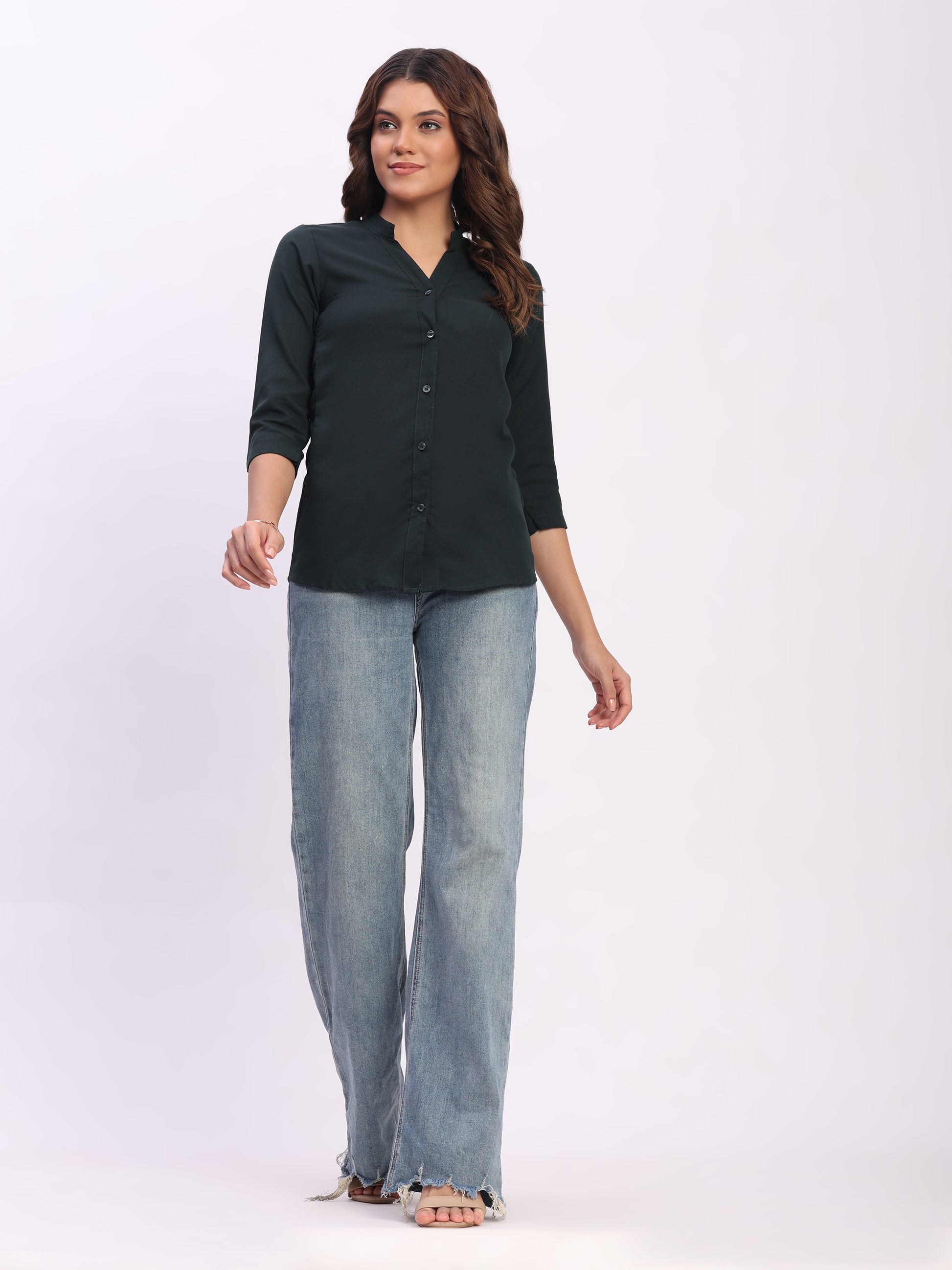 Trendrush Women Solid Dark Green Mandarin Collar Shirt with 3/4th Sleeves
