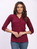 Trendrush Women Solid Maroon Mandarin Collar Shirt with 3/4th Sleeves