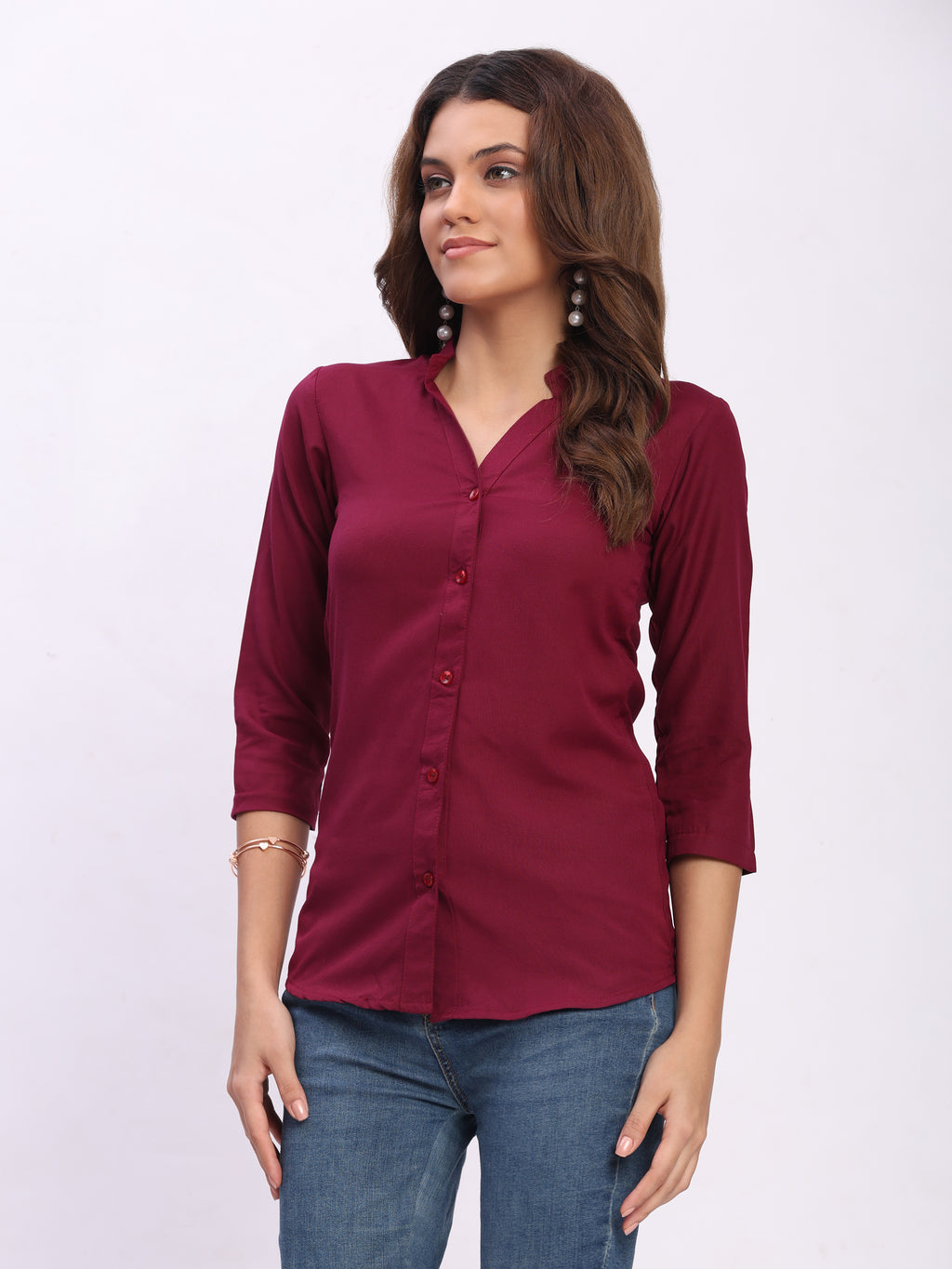 Trendrush Women Solid Maroon Mandarin Collar Shirt with 3/4th Sleeves