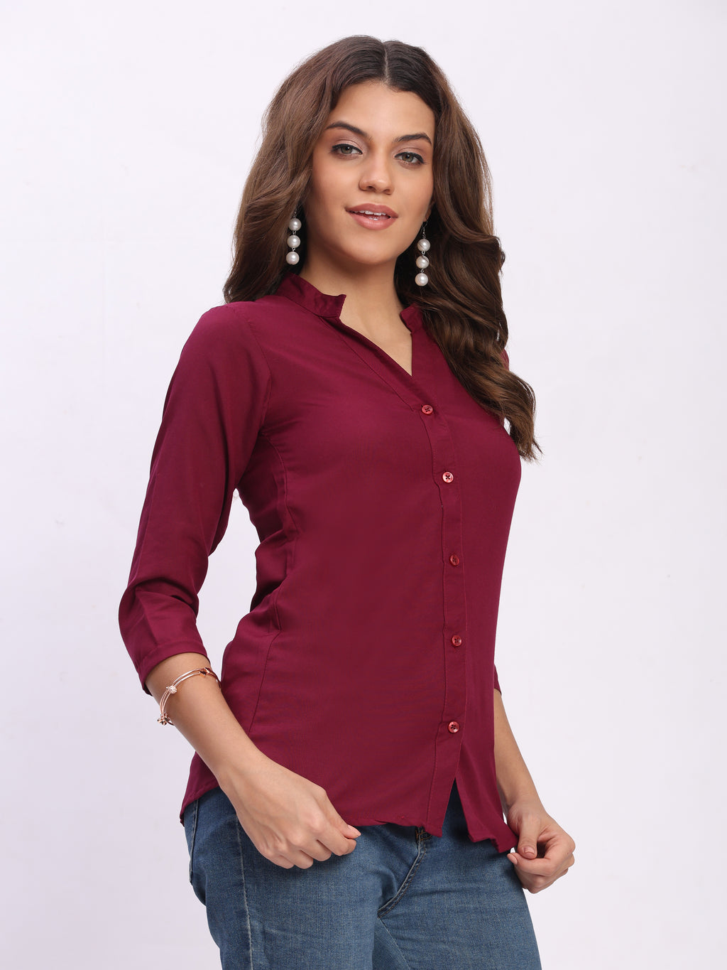Trendrush Women Solid Maroon Mandarin Collar Shirt with 3/4th Sleeves