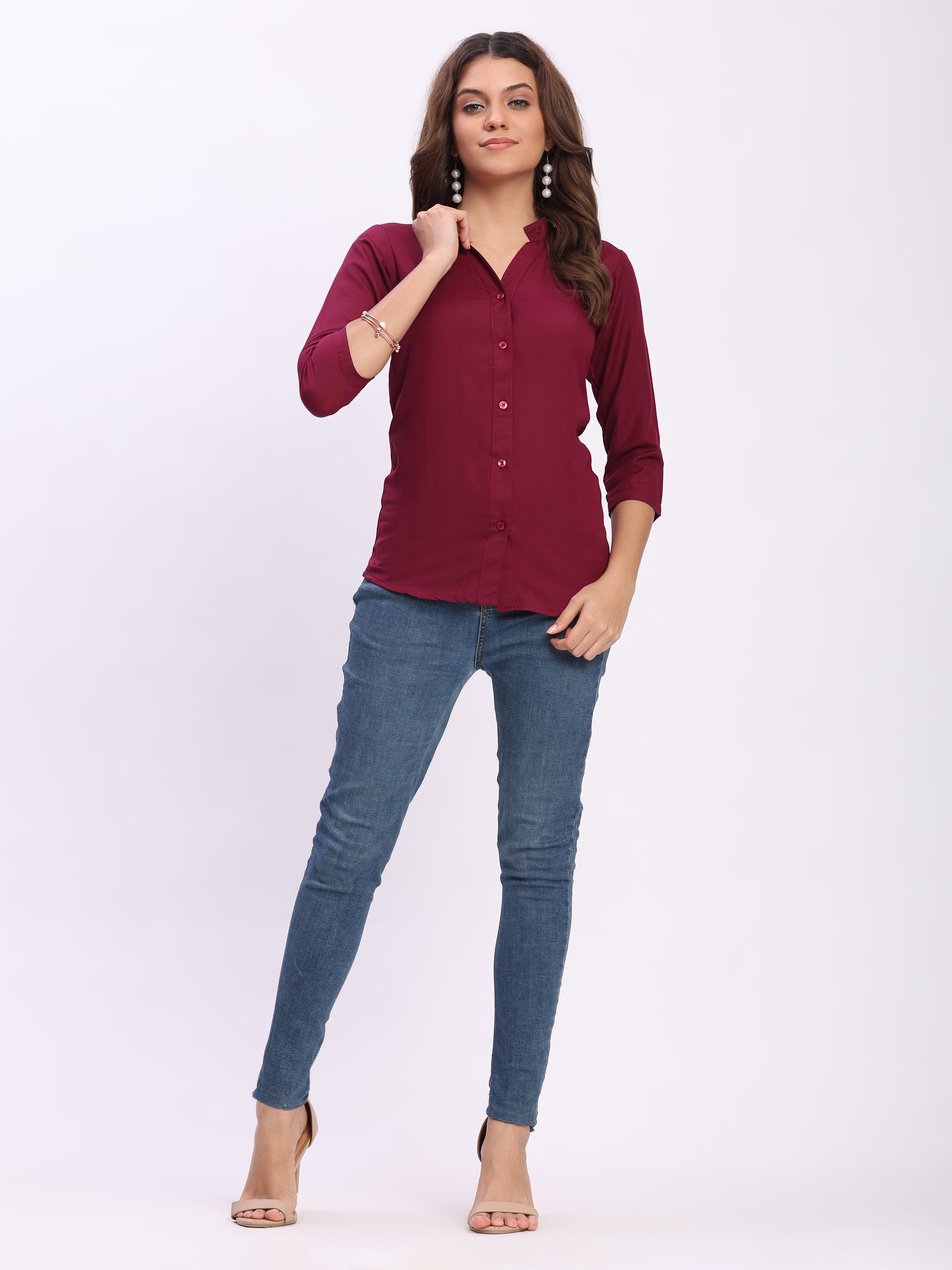 Trendrush Women Solid Maroon Mandarin Collar Shirt with 3/4th Sleeves