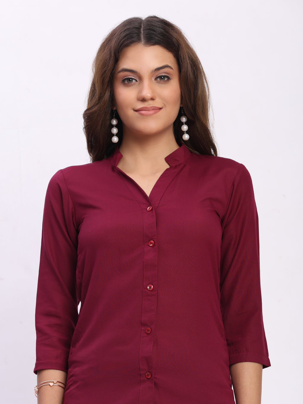 Trendrush Women Solid Maroon Mandarin Collar Shirt with 3/4th Sleeves