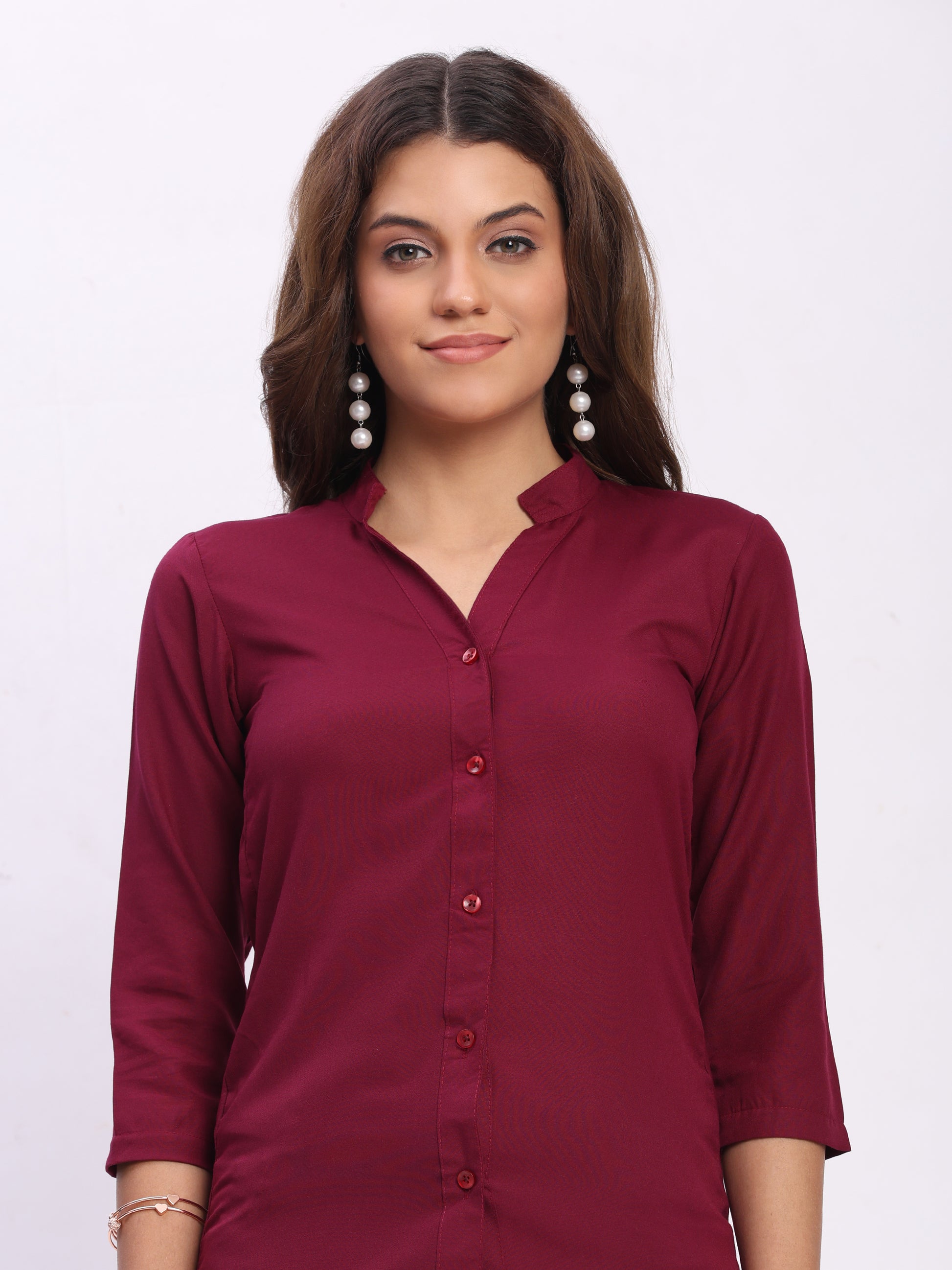 Trendrush Women Solid Maroon Mandarin Collar Shirt with 3/4th Sleeves