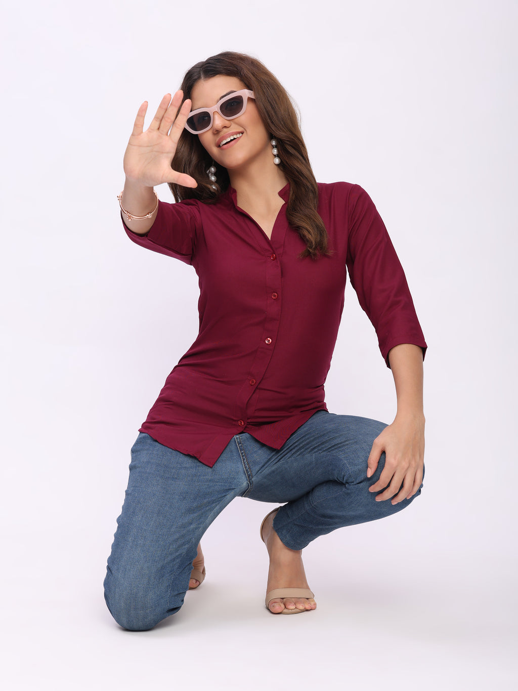 Trendrush Women Solid Maroon Mandarin Collar Shirt with 3/4th Sleeves