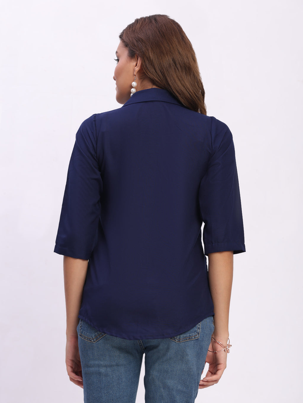 Trendrush Women Solid Blue Shirt with Hidden Placket & Short Sleeves