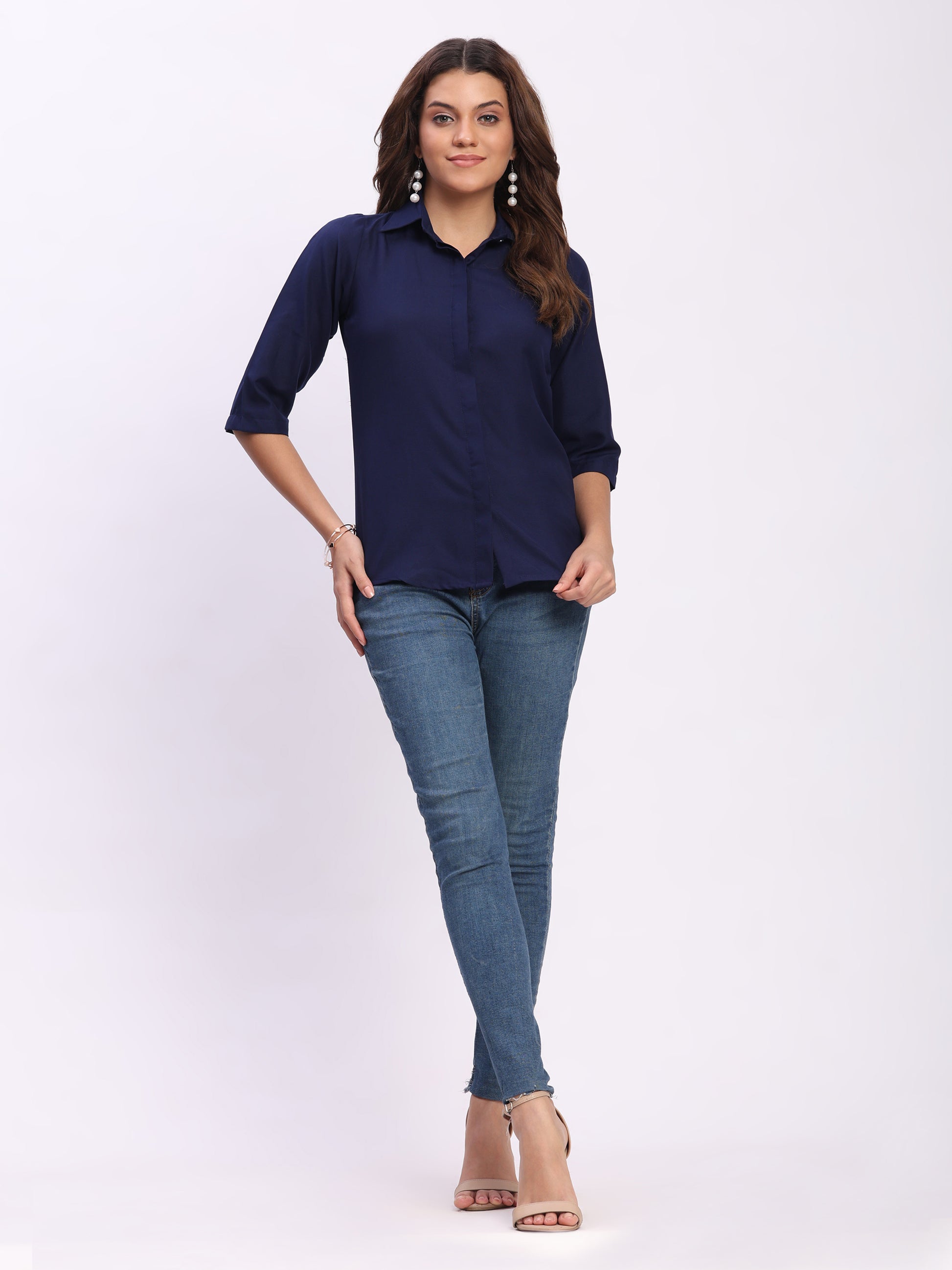Trendrush Women Solid Blue Shirt with Hidden Placket & Short Sleeves