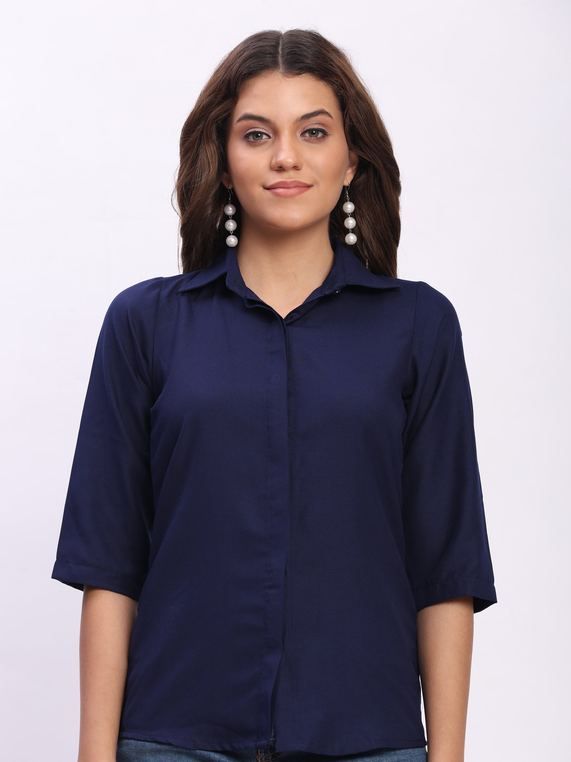 Trendrush Women Solid Blue Shirt with Hidden Placket & Short Sleeves
