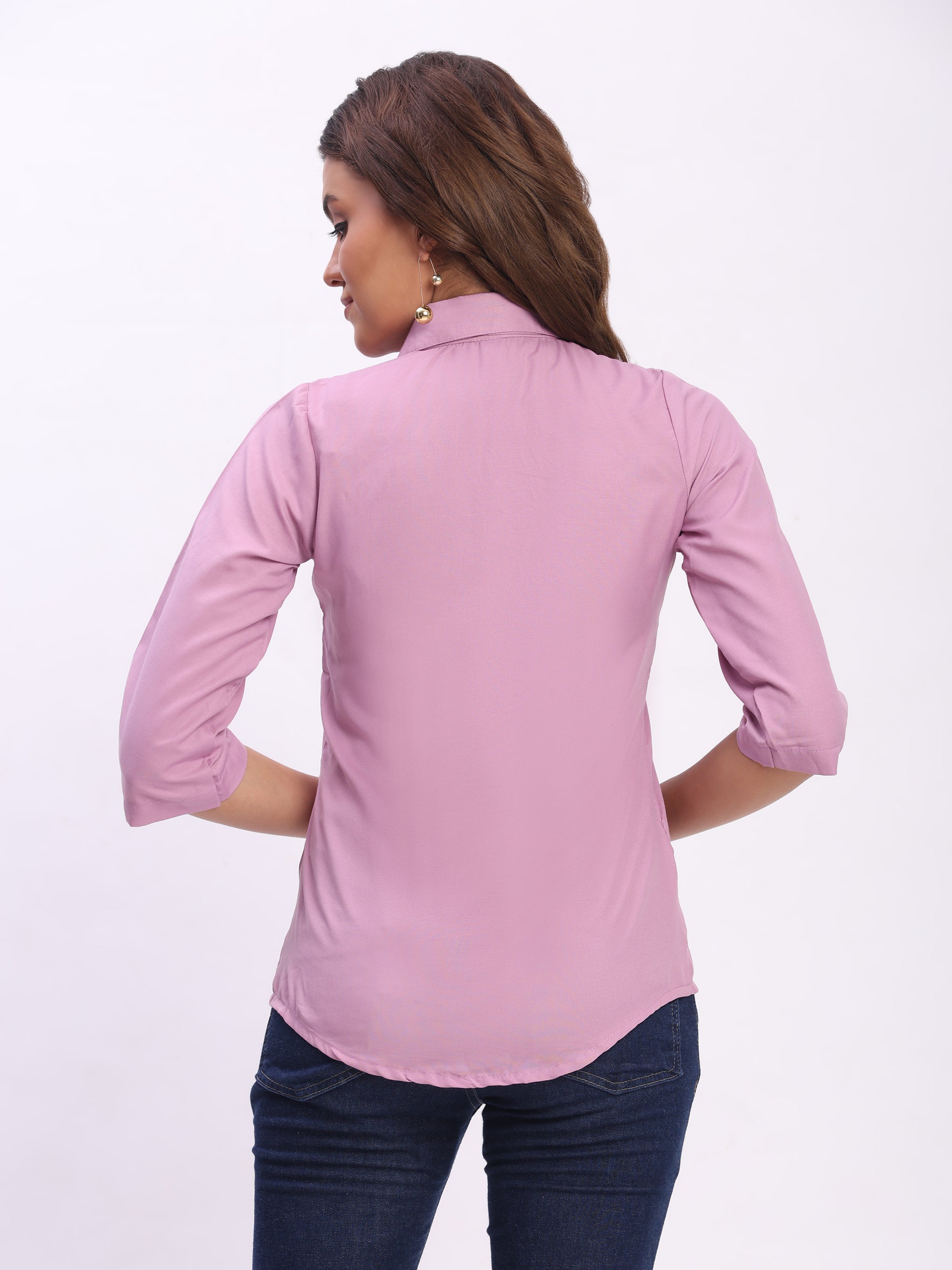 Trendrush Women Solid Pink Shirt with Hidden Placket & Short Sleeves