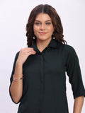 Trendrush Women Solid Dark Green Shirt with Hidden Placket & Short Sleeves