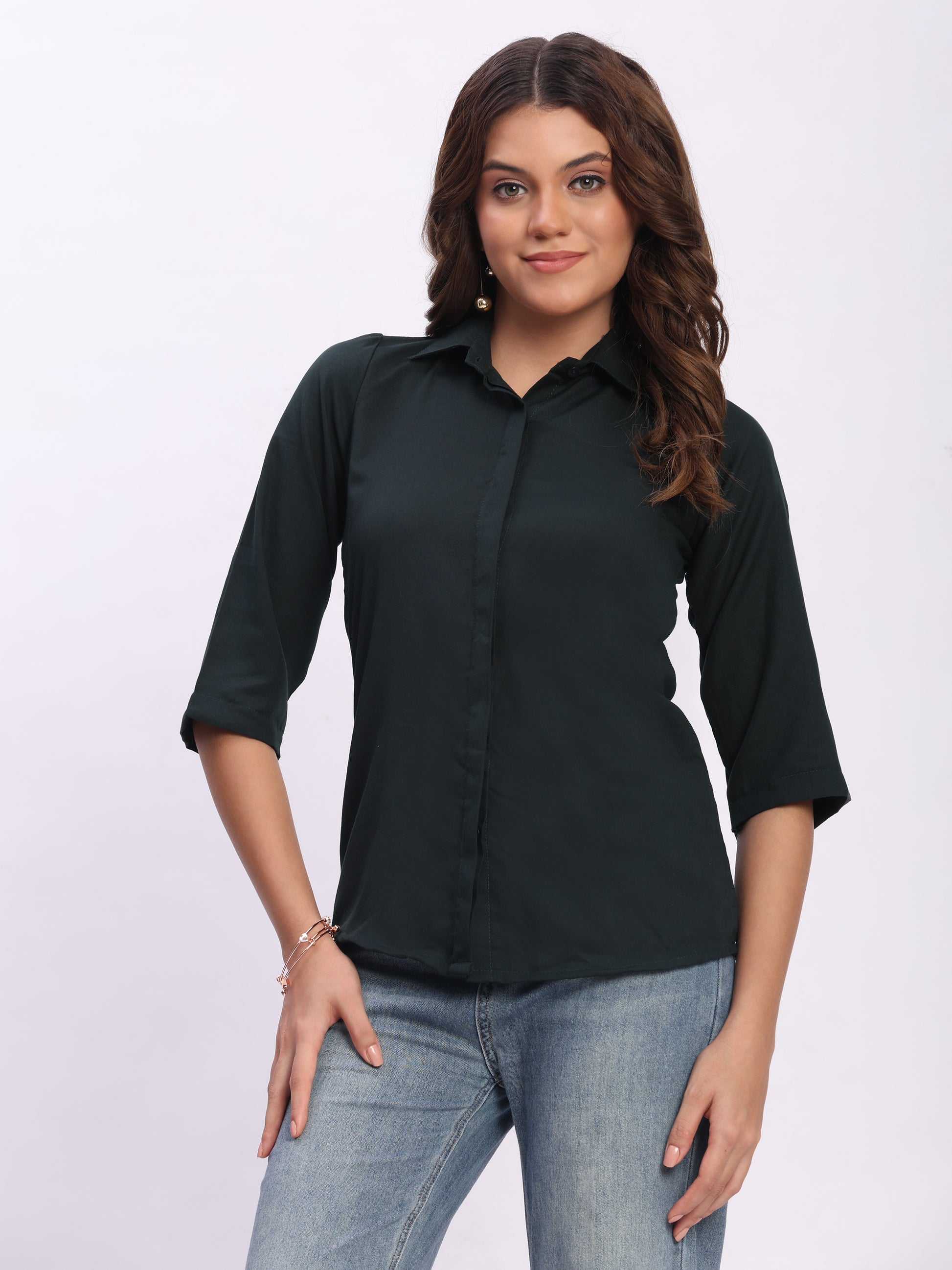 Trendrush Women Solid Dark Green Shirt with Hidden Placket & Short Sleeves