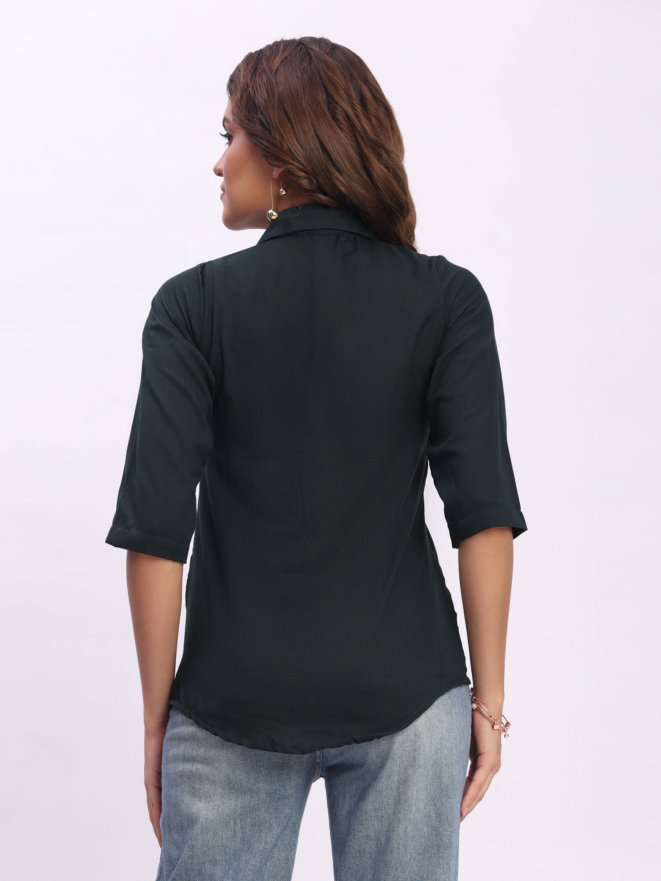 Trendrush Women Solid Dark Green Shirt with Hidden Placket & Short Sleeves
