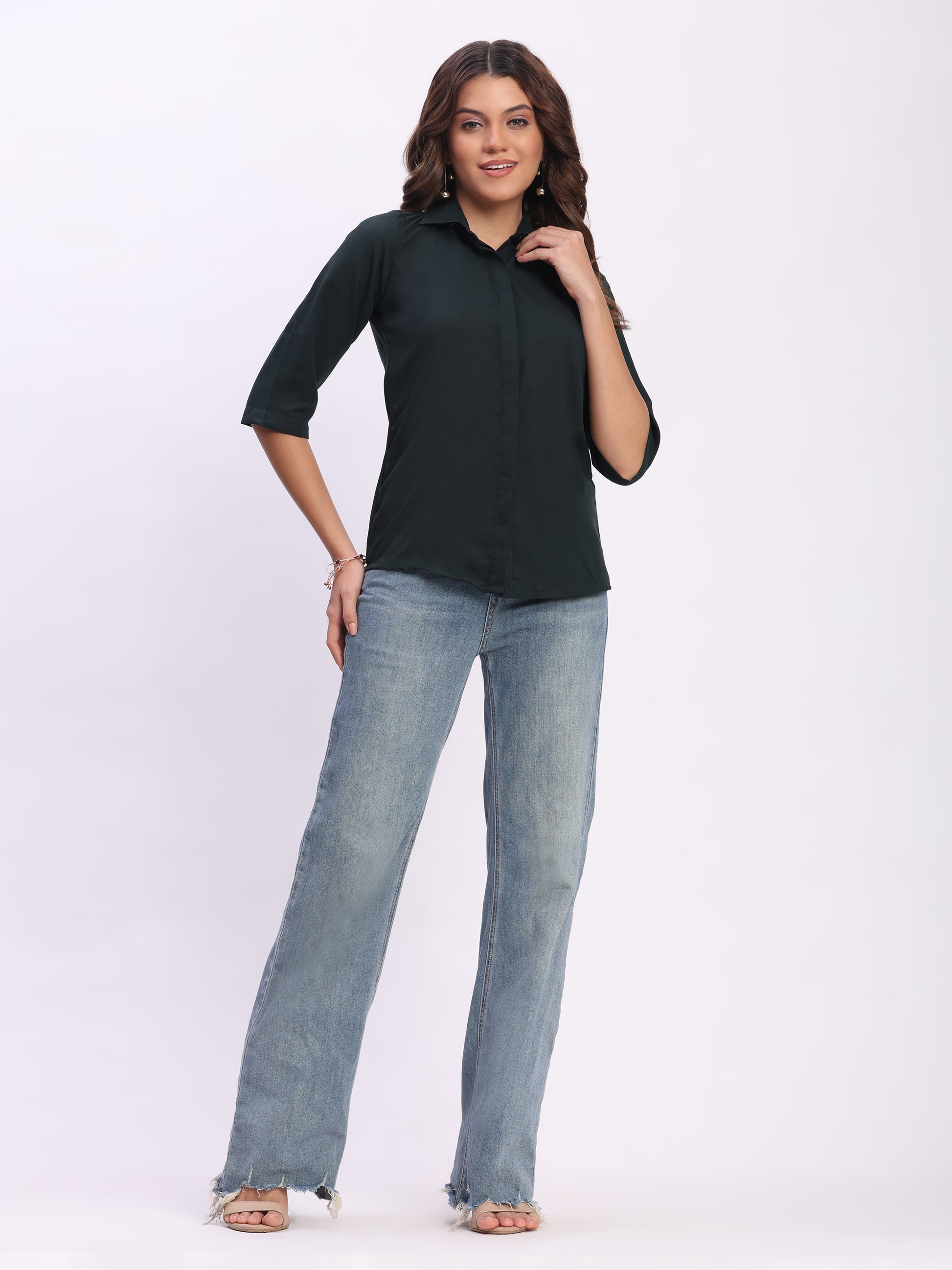 Trendrush Women Solid Dark Green Shirt with Hidden Placket & Short Sleeves