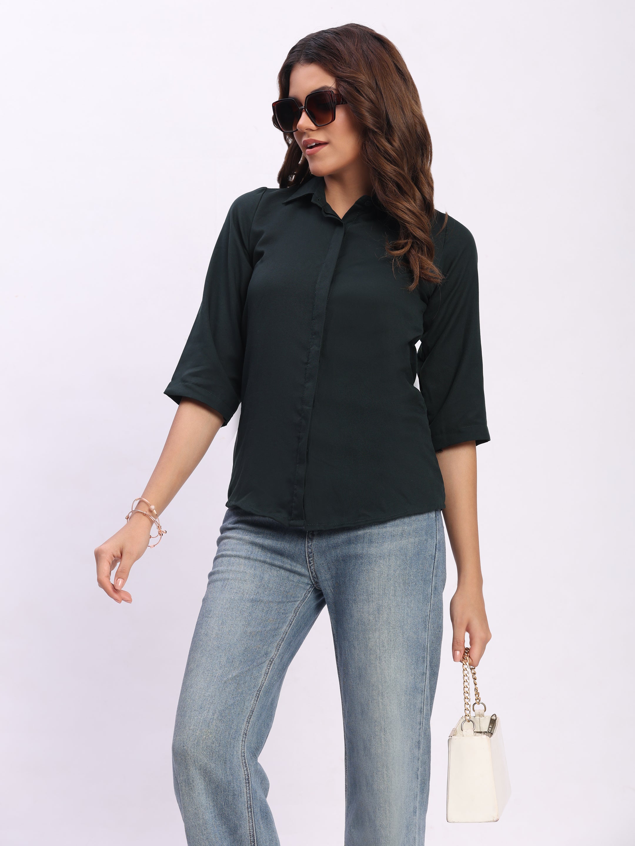 Trendrush Women Solid Dark Green Shirt with Hidden Placket & Short Sleeves
