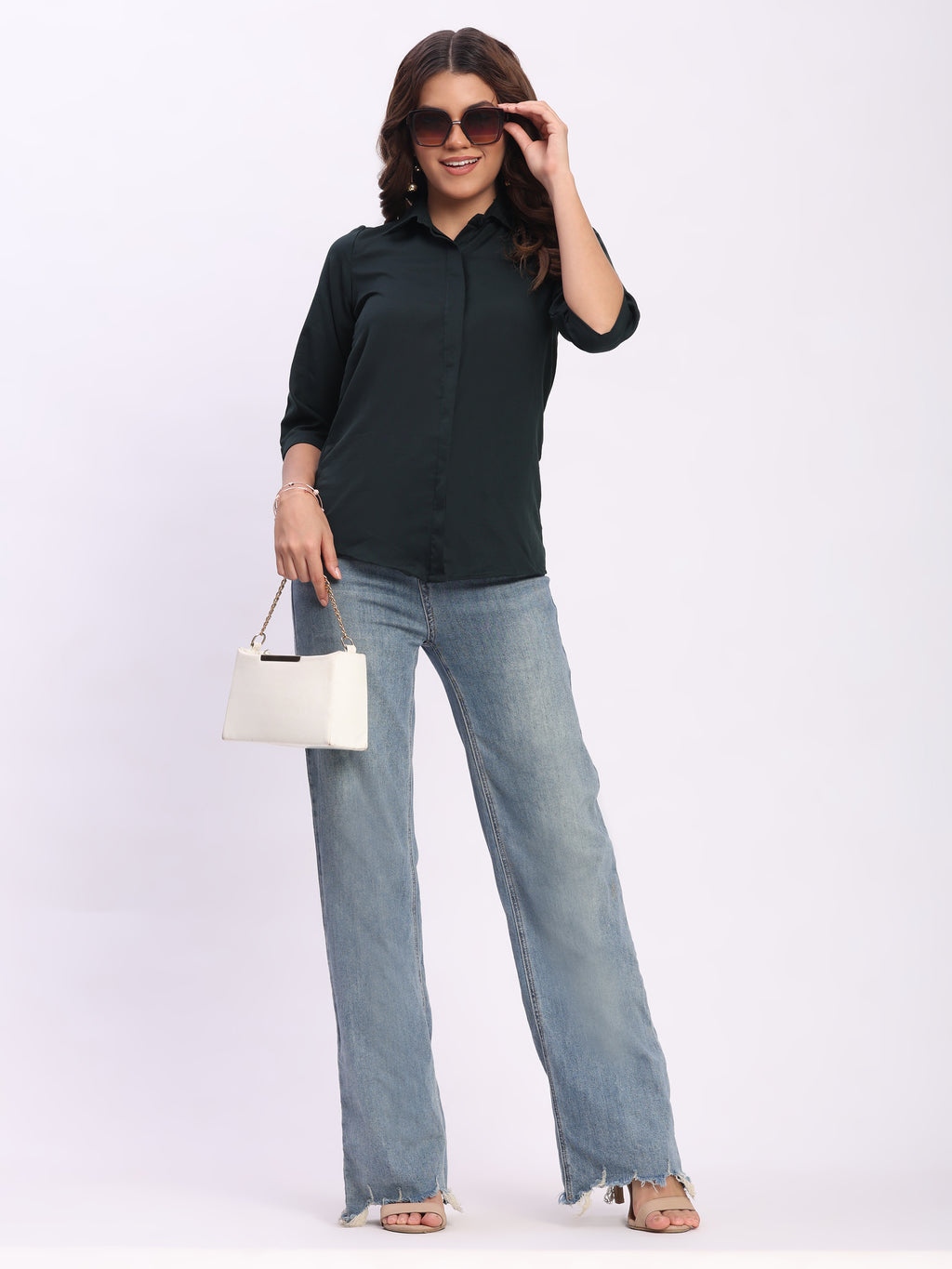 Trendrush Women Solid Dark Green Shirt with Hidden Placket & Short Sleeves