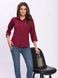 Trendrush Women Solid Maroon Shirt with Hidden Placket & Short Sleeves