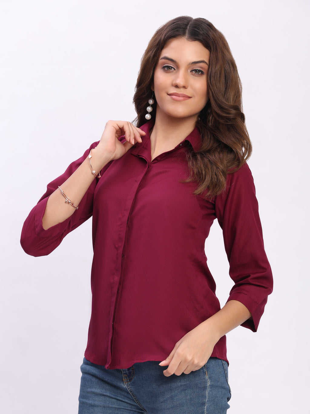 Trendrush Women Solid Maroon Shirt with Hidden Placket & Short Sleeves
