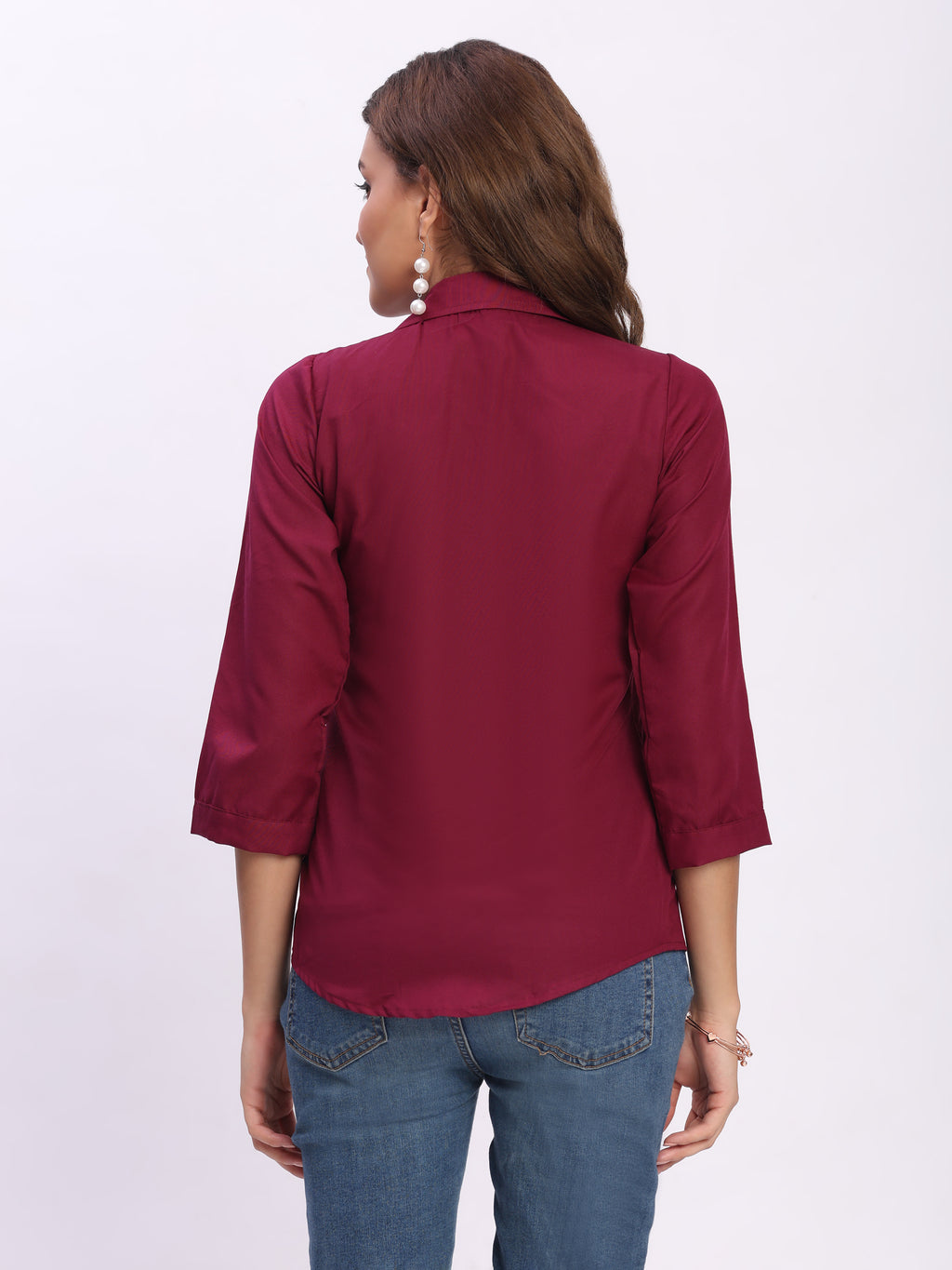 Trendrush Women Solid Maroon Shirt with Hidden Placket & Short Sleeves