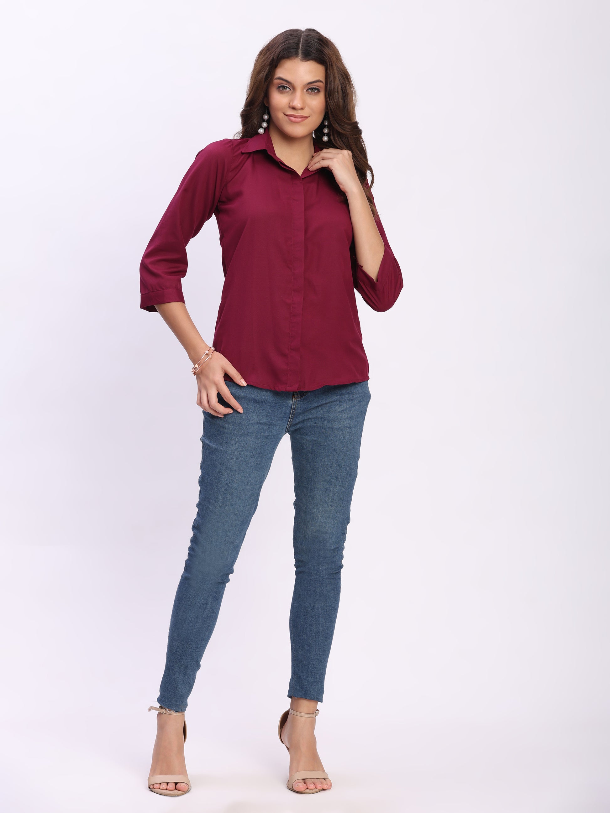 Trendrush Women Solid Maroon Shirt with Hidden Placket & Short Sleeves