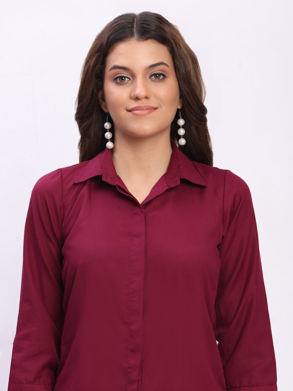 Trendrush Women Solid Maroon Shirt with Hidden Placket & Short Sleeves