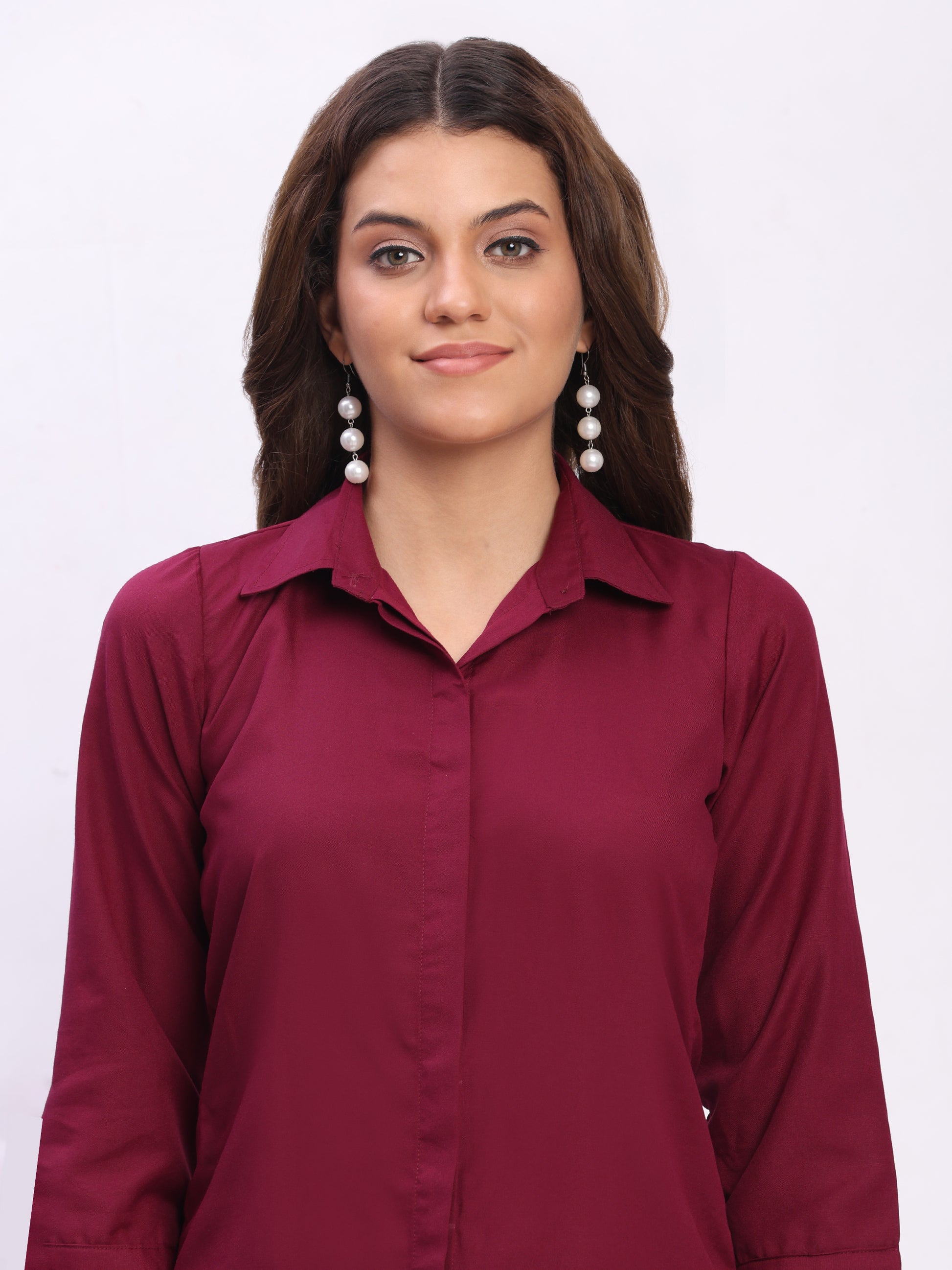 Trendrush Women Solid Maroon Shirt with Hidden Placket & Short Sleeves