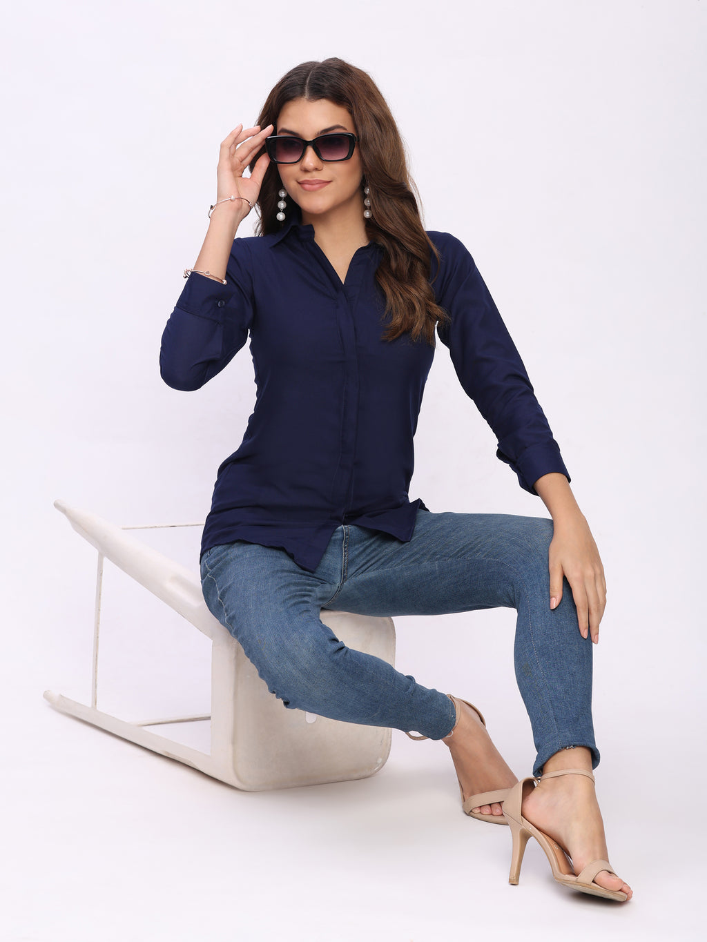 Trendrush Women Solid Blue Shirt with Hidden Placket & 3/4th Cuffed Sleeves