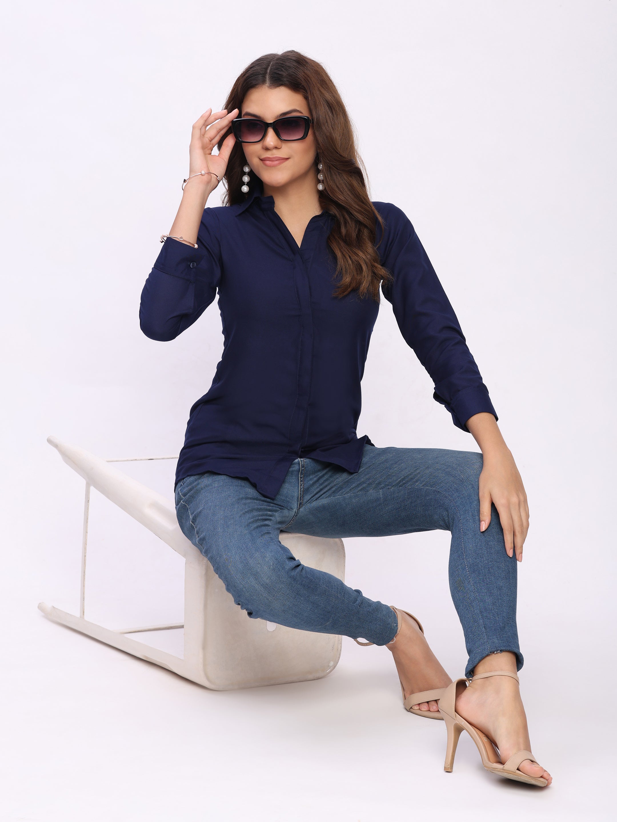 Trendrush Women Solid Blue Shirt with Hidden Placket & 3/4th Cuffed Sleeves