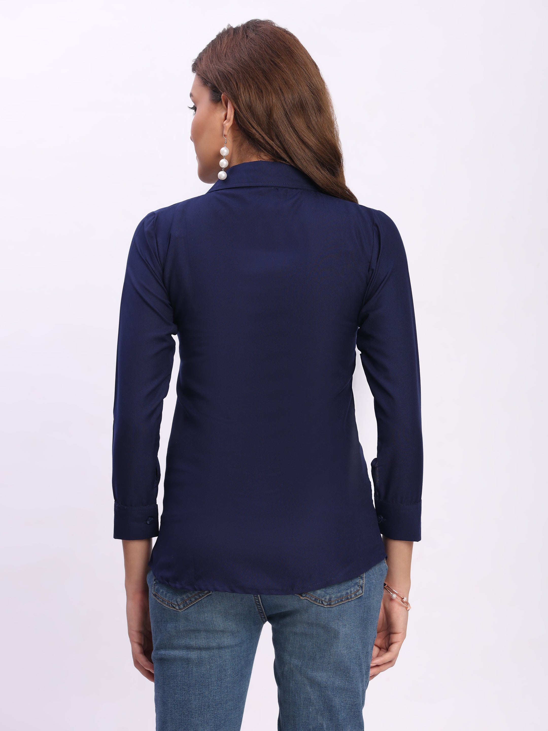 Trendrush Women Solid Blue Shirt with Hidden Placket & 3/4th Cuffed Sleeves