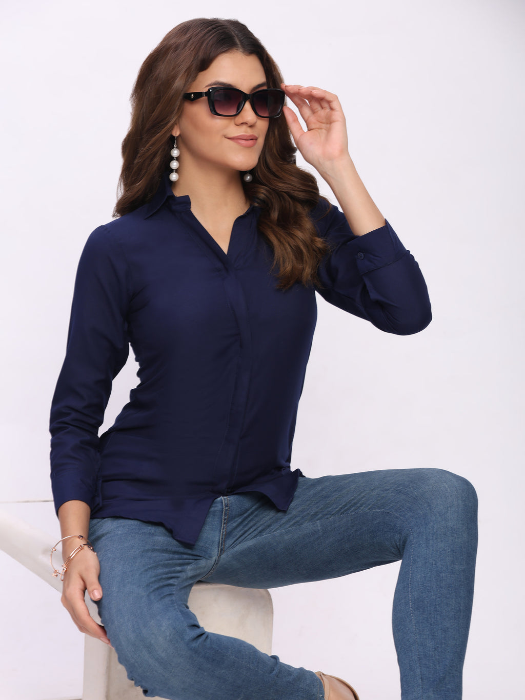 Trendrush Women Solid Blue Shirt with Hidden Placket & 3/4th Cuffed Sleeves