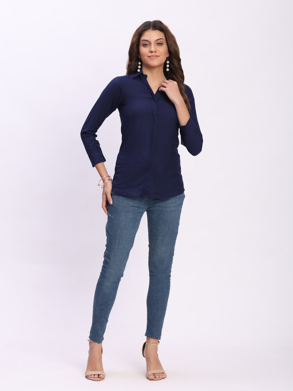Trendrush Women Solid Blue Shirt with Hidden Placket & 3/4th Cuffed Sleeves