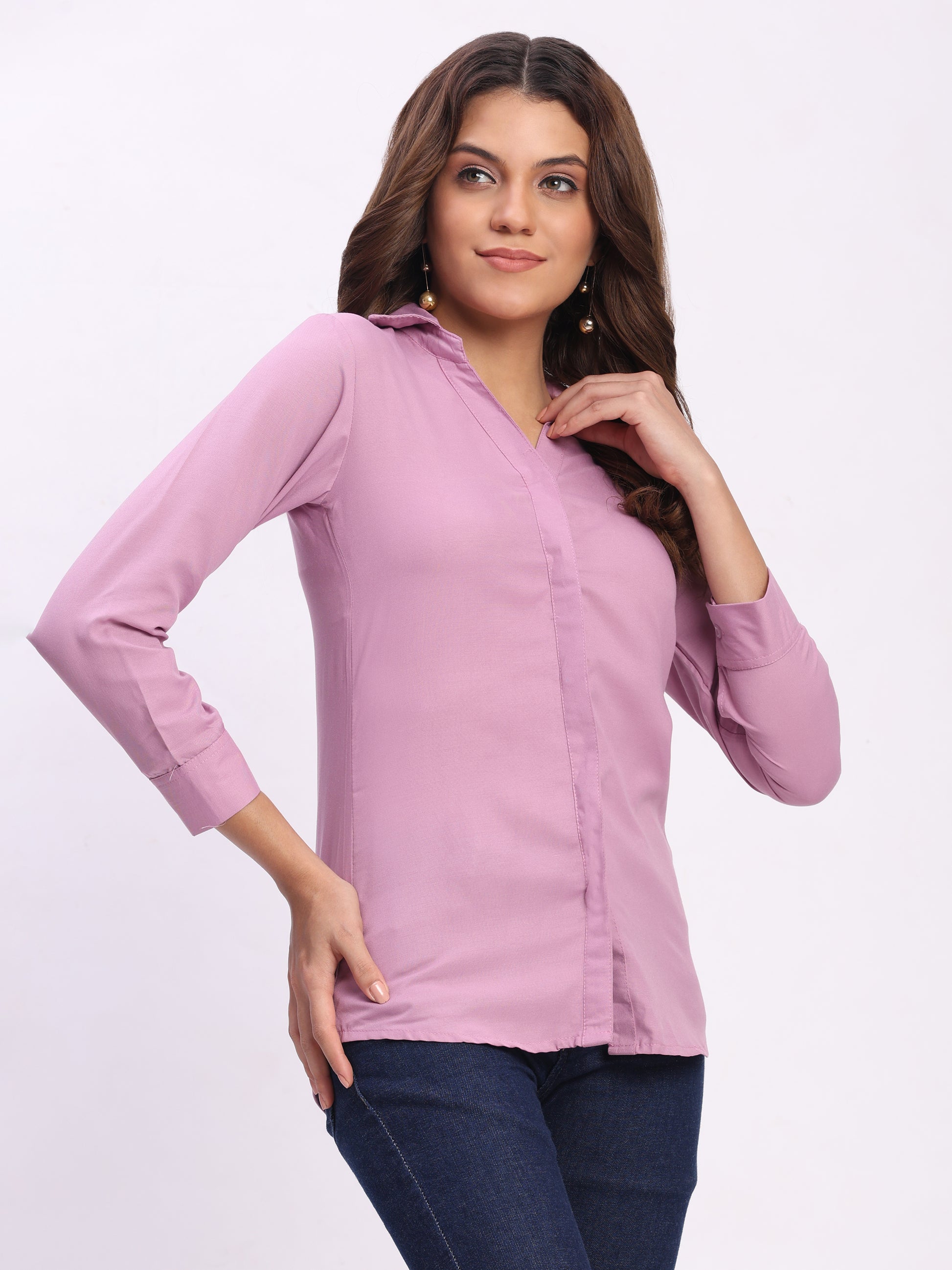 Trendrush Women Solid Pink Shirt with Hidden Placket & 3/4th Cuffed Sleeves