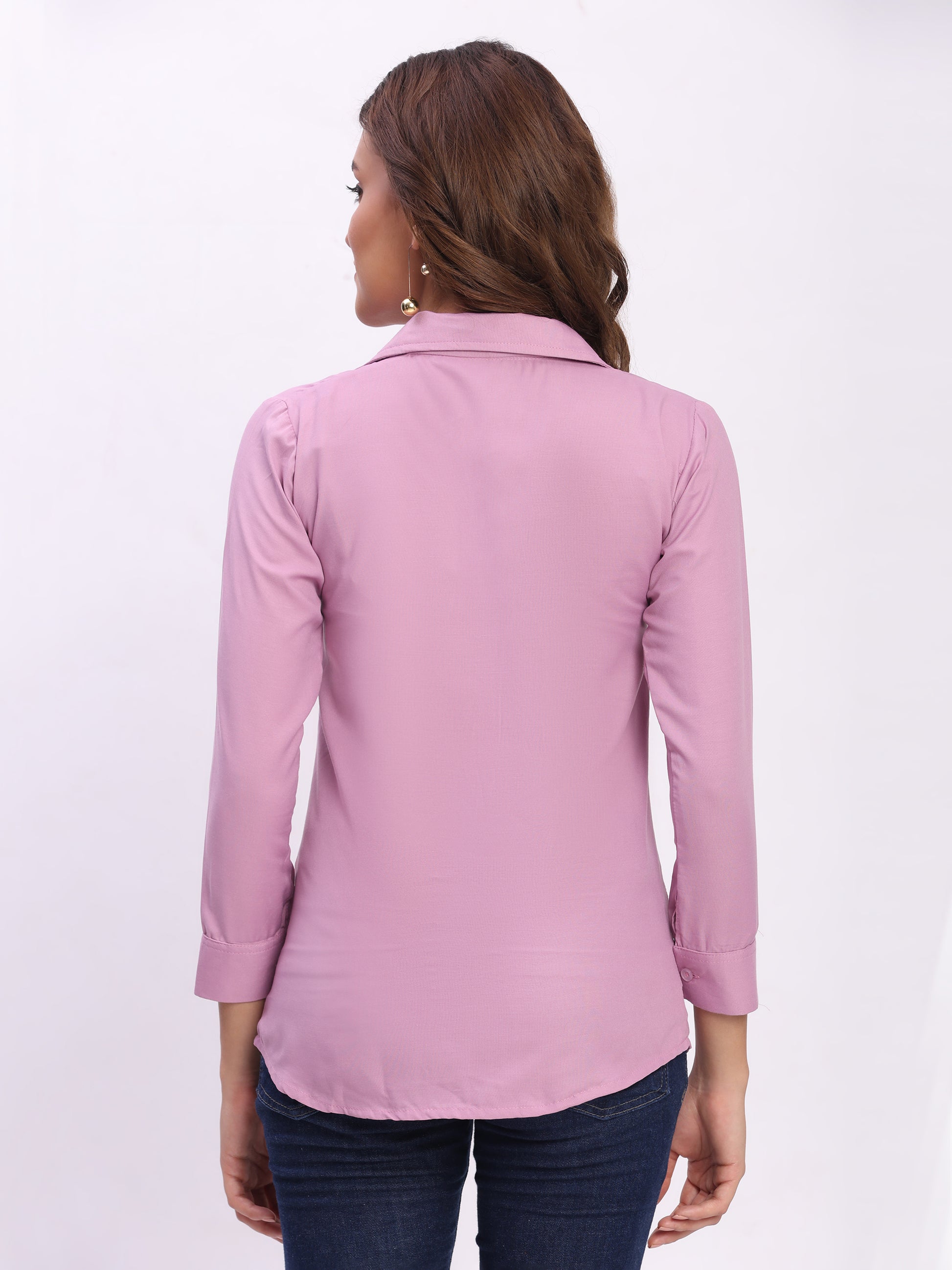 Trendrush Women Solid Pink Shirt with Hidden Placket & 3/4th Cuffed Sleeves