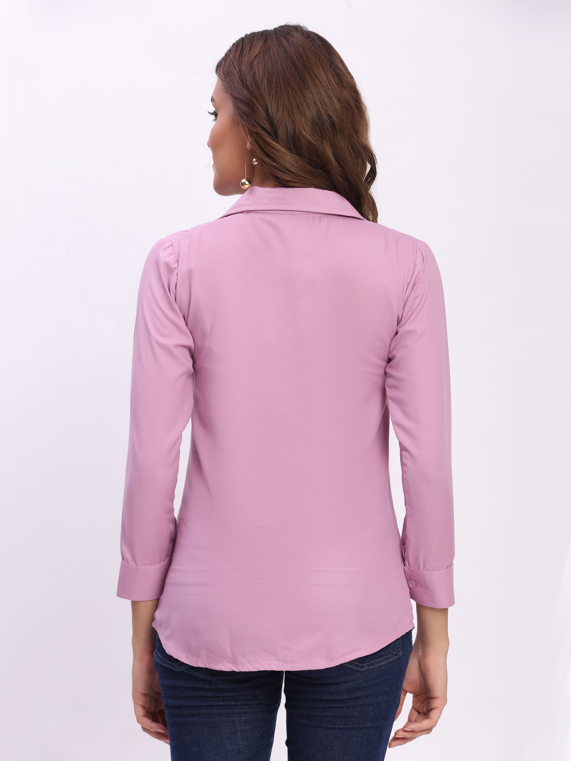 Trendrush Women Solid Pink Shirt with Hidden Placket & 3/4th Cuffed Sleeves