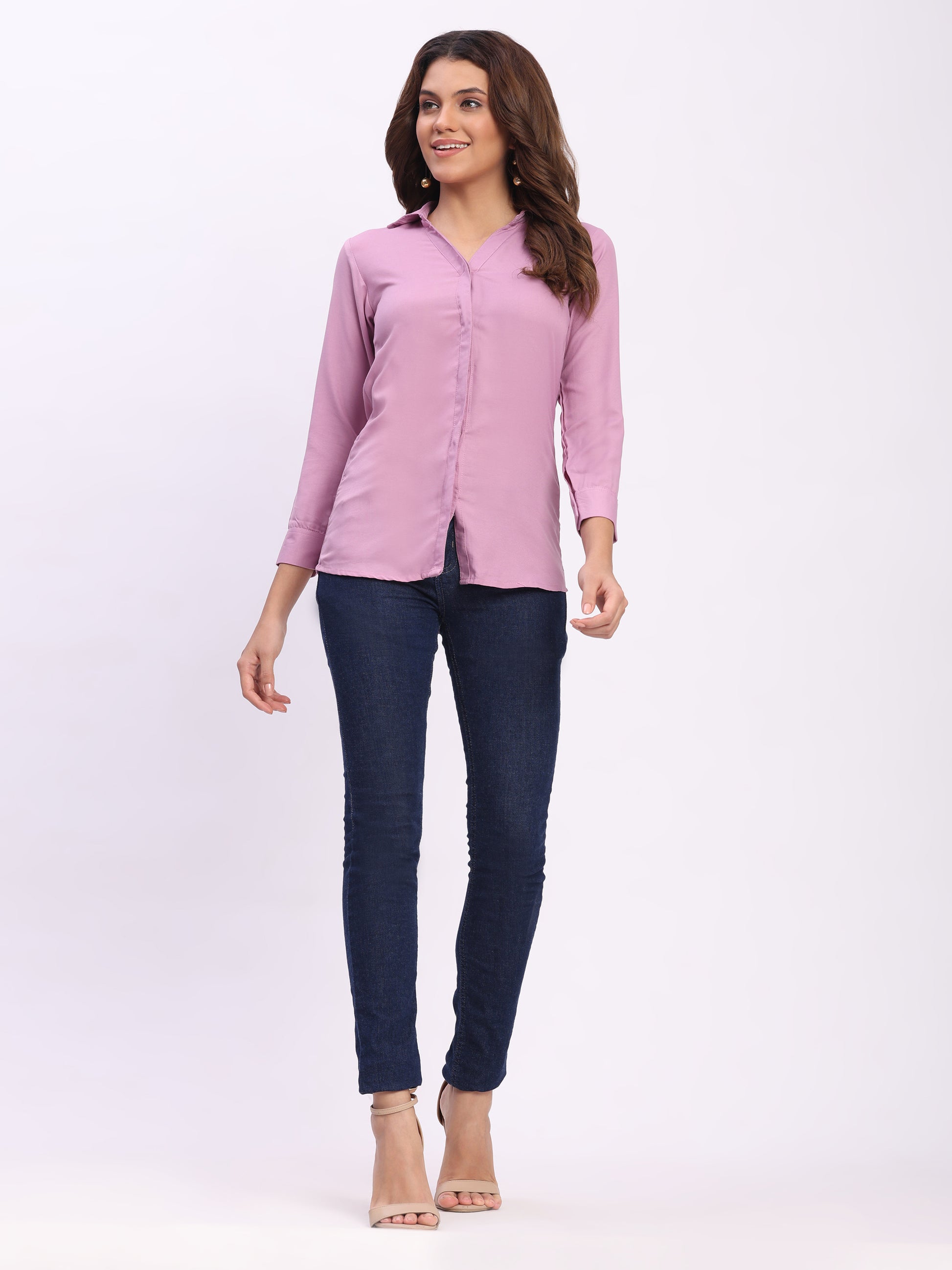 Trendrush Women Solid Pink Shirt with Hidden Placket & 3/4th Cuffed Sleeves