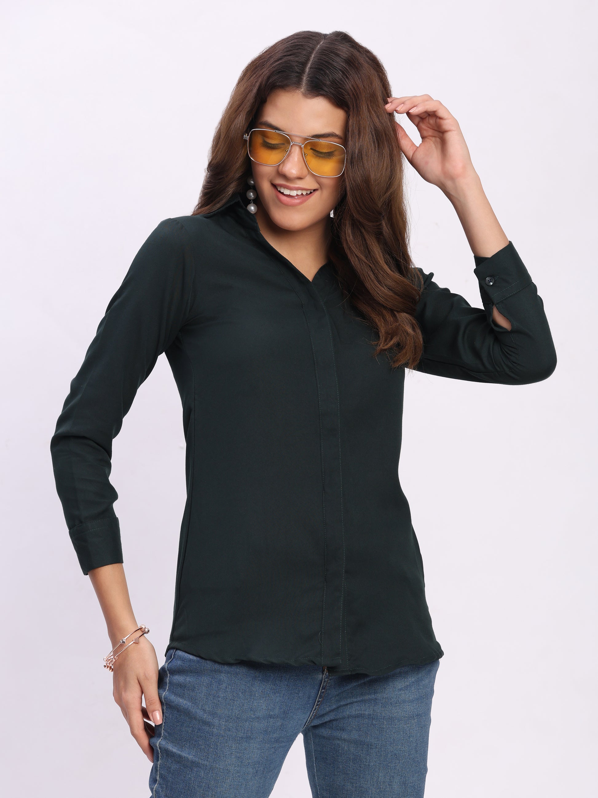 Trendrush Women Solid Blue Shirt with Cuffed 3/4th Sleeves – Elegant Style