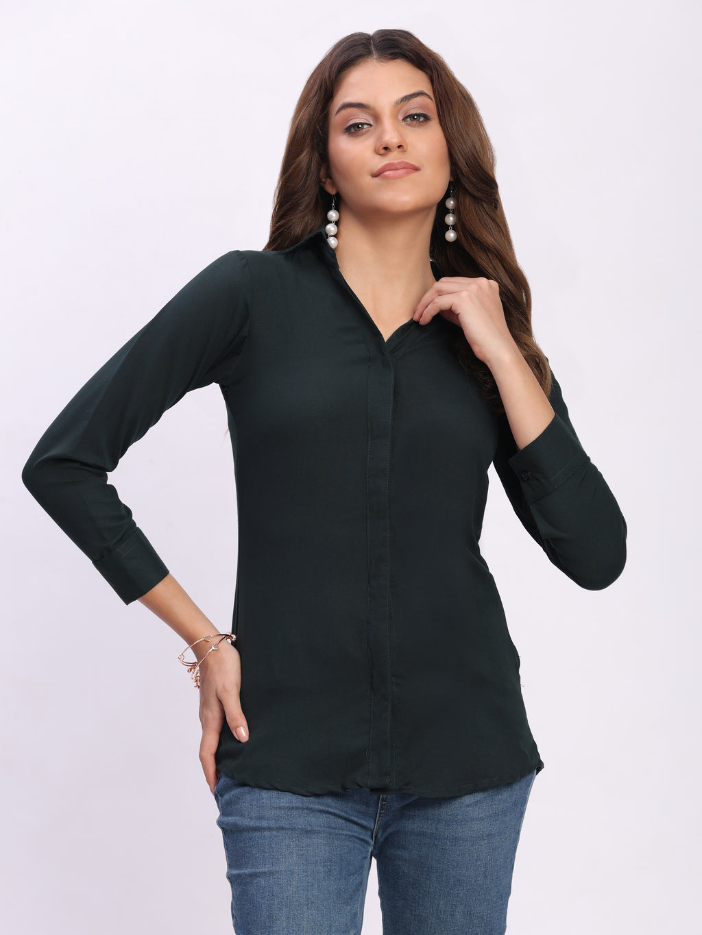 Trendrush Women Solid Dark Green Shirt with Hidden Placket & 3/4th Cuffed Sleeves