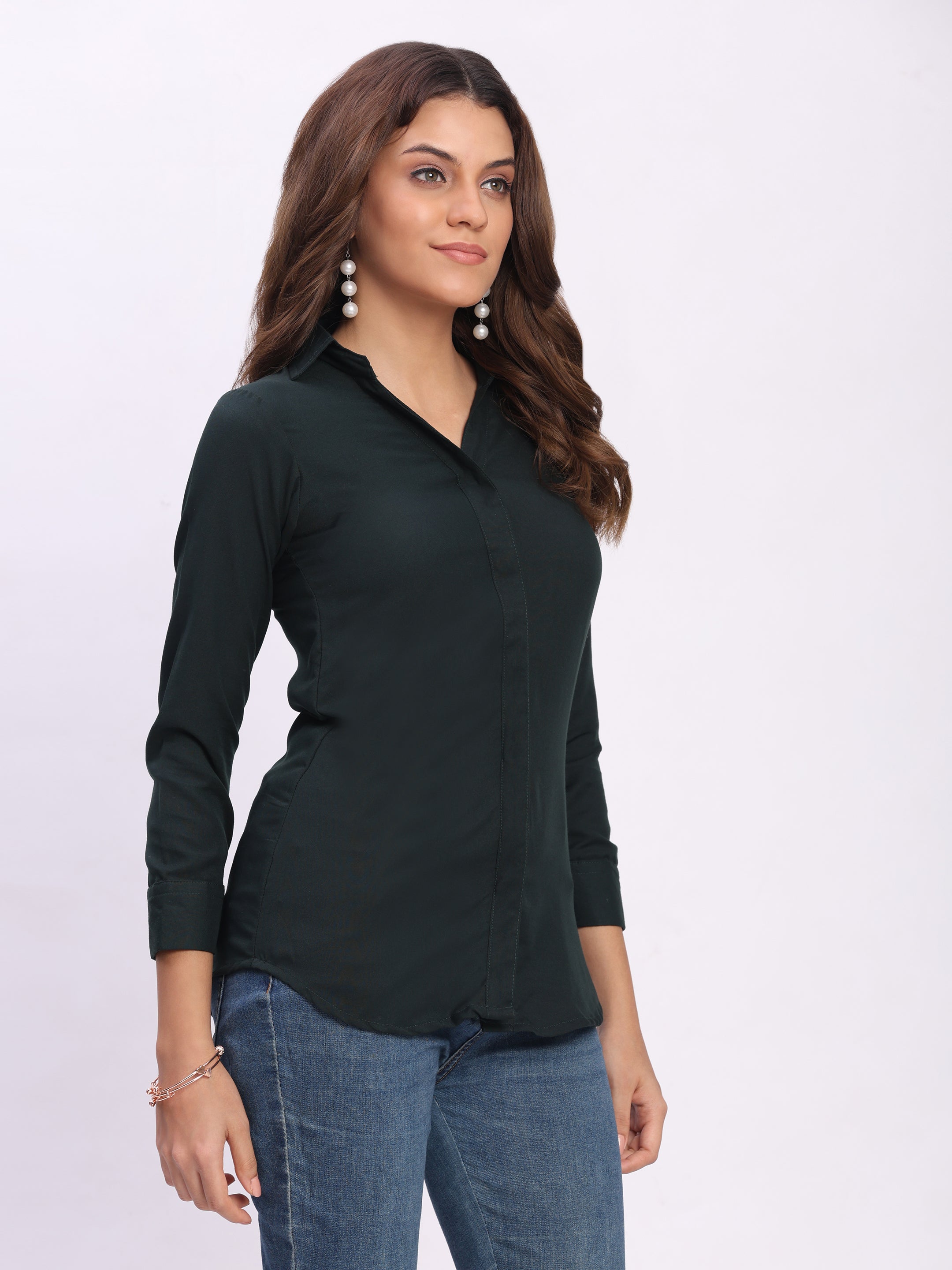 Trendrush Women Solid Dark Green Shirt with Hidden Placket & 3/4th Cuffed Sleeves